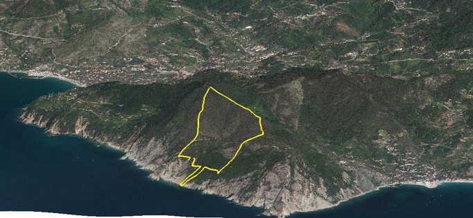 Confini dell'area FAI (in giallo) sul modello 3D realizzato tramite GIS del promontorio di Punta Mesco. Dietro il promontorio, a sinistra si vede l'abitato di Levanto, mentre a destra, sul mare si trova Monterosso.